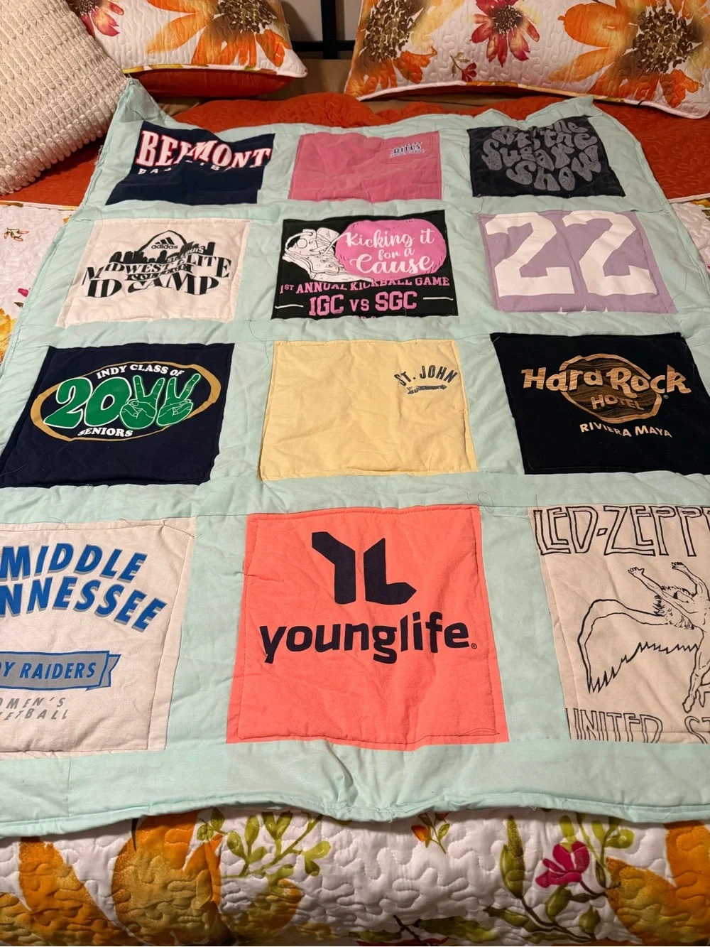 Patchwork T-Shirt Quilt - Mint and Coral hand made